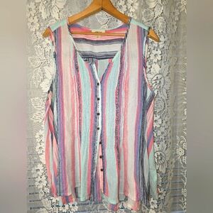 Style & Co Button Up Tank Top, Linen Blend Sleeveless Womens Blouse. Large